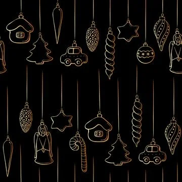 Vector seamless pattern with Hanging outline toys, balls, decorations for xma Stock-Illustration