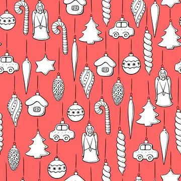 Vector seamless pattern with Hanging outline toys, balls, decorations for xma Stock Illustration