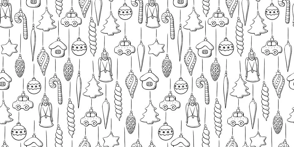 Vector seamless pattern with Hanging outline toys, balls, decorations for xma Stock Illustration