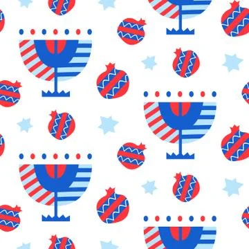 Vector seamless pattern with Hanukkah menorah and pomegranates icons Illustrazione stock