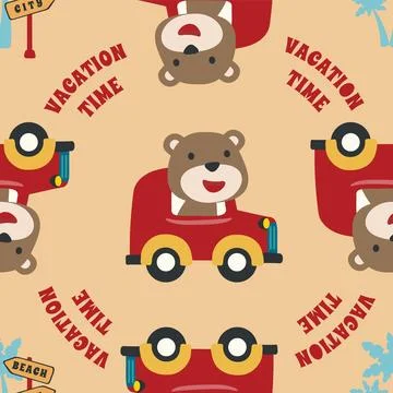 Vector seamless pattern with Happy Animal travels by car. Stock Illustration