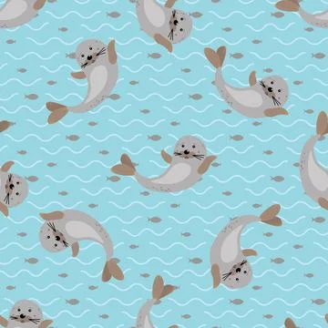 Vector seamless pattern with Happy Cute seal animal Stock Illustration