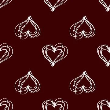 Vector seamless pattern with hatching hearts. White on dark red background. Illustrazione stock