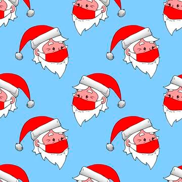Vector seamless pattern with head Santa Claus in face mask. Holiday Backgroun Illustrazione stock