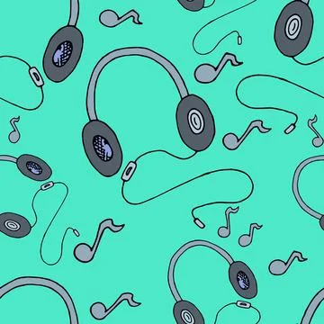 Vector seamless pattern, headphones with music on a blue background Stock Illustration