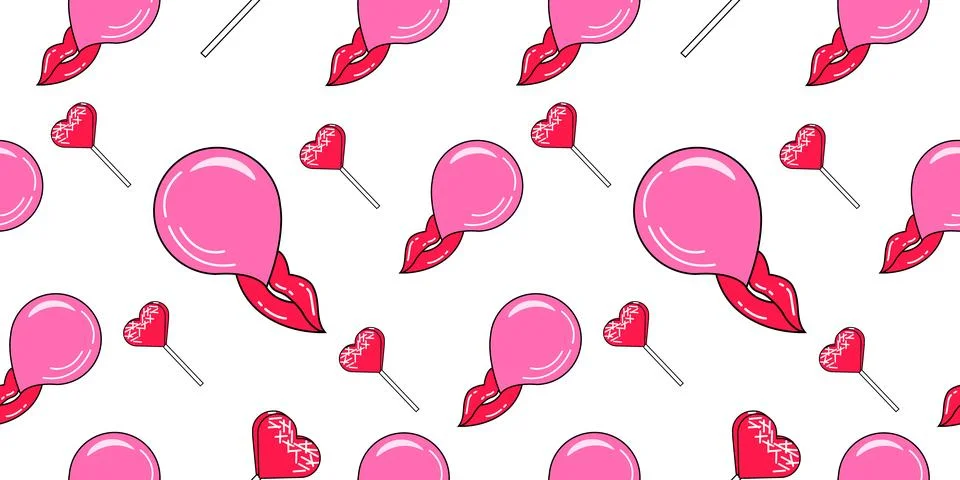 Vector Seamless pattern of Heart Candy, Lips and Bubble Gums on white backgro Stock Illustration