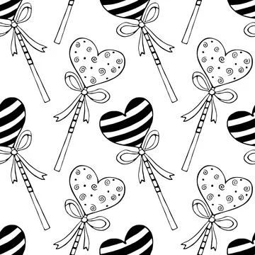 Vector seamless pattern from heart shape lollipops, gingerbreads on stick wit Stock Illustration