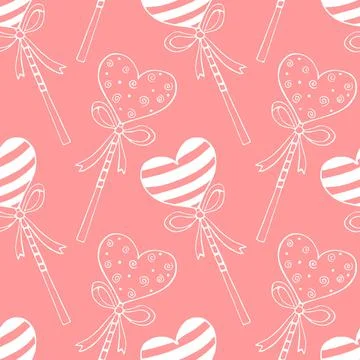 Vector seamless pattern from heart shape lollipops, gingerbreads on stick wit Stock Illustration