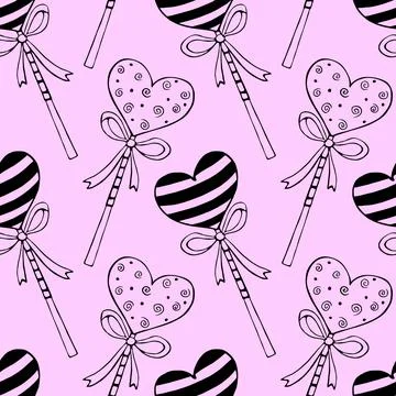 Vector seamless pattern from heart shape lollipops, gingerbreads on stick wit Stock Illustration