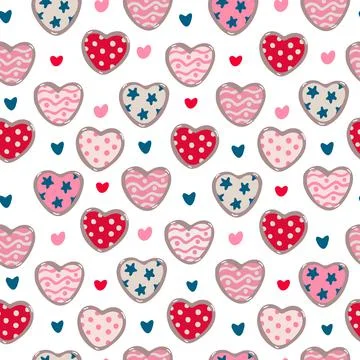 Vector seamless pattern with heart shaped cookies on white Stock Illustration