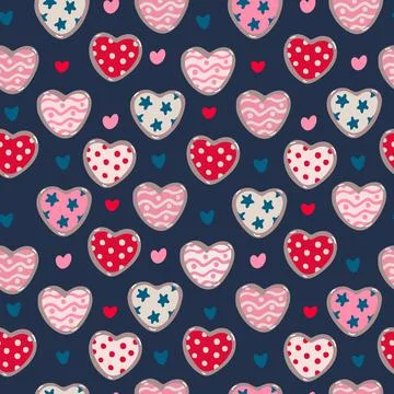 Vector seamless pattern with heart shaped cookies on navy blue Stock Illustration