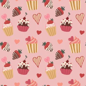 Vector seamless pattern with hearts and chocolate-covered strawberries. Stock Illustration