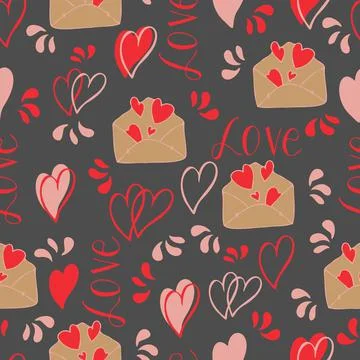 Vector seamless pattern of hearts and gifts with congratulations declaration Illustrazione stock