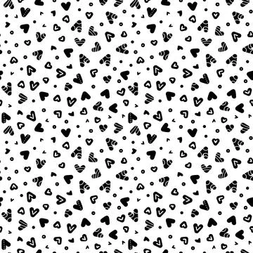 Vector seamless pattern with hearts and curvy shapes. Graphic two colors repe Stock Illustration