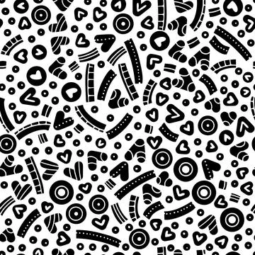 Vector seamless pattern with hearts and curvy shapes. Graphic two colors re.. Stock Illustration