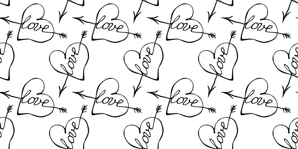 Vector seamless pattern of hearts with arrow and lettering love. Hand drawn t イラスト素材