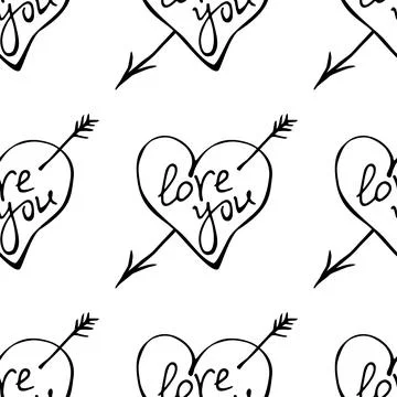 Vector seamless pattern of hearts with arrow and lettering love you. Hand dra イラスト素材