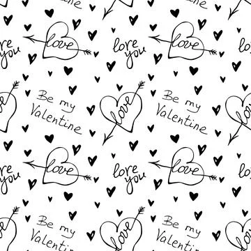 Vector seamless pattern of hearts with an arrow and lettering of love theme.  Stock Illustration
