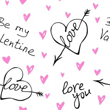 Vector seamless pattern of hearts with an arrow and lettering of love theme.  Stock Illustration