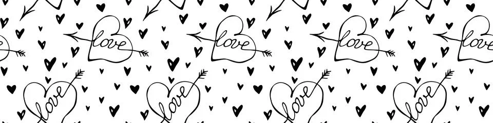 Vector seamless pattern of hearts with an arrow and lettering love in doodle. Illustrazione stock