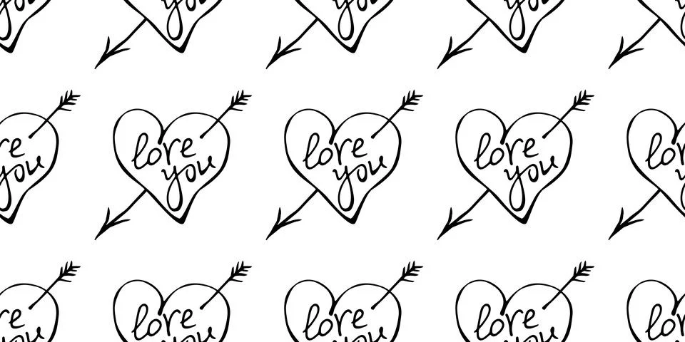 Vector seamless pattern of hearts with arrow and lettering love you. Hand dra Stock Illustration