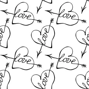 Vector seamless pattern of hearts with arrow and lettering love. Hand drawn t Stock Illustration