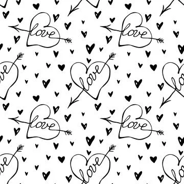 Vector seamless pattern of hearts with an arrow and lettering love in doodle. Stock Illustration
