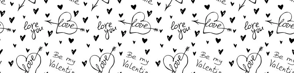 Vector seamless pattern of hearts with an arrow and lettering of love theme.  イラスト素材