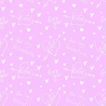 Vector seamless pattern of hearts with an arrow and lettering of love theme.  Stock Illustration