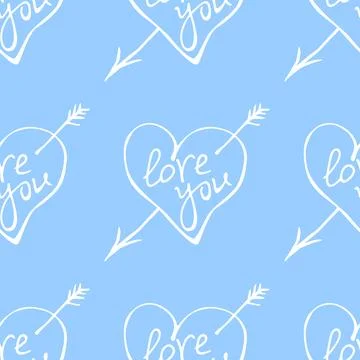 Vector seamless pattern of hearts with arrow and lettering love you. Hand dra Illustrazione stock