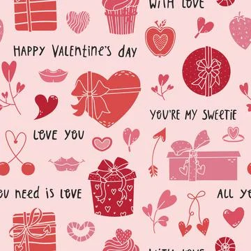 Vector seamless pattern with hearts, gifts and kisses for Valentine's Day in  Stock Illustration