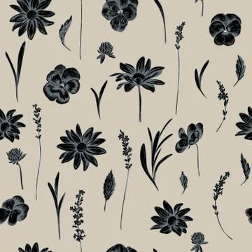 Vector seamless pattern of heartseases and shepherds purse. Hand drawn vector Stock Illustration