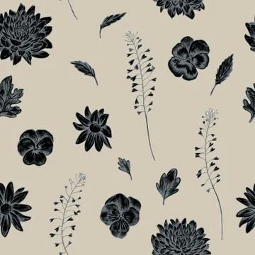 Vector seamless pattern of heartseases, shepherd purse and capsella. Hand drawn Stock Illustration