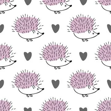 Vector seamless pattern with hedgehogs and hearts on white background. Hand-d Stock Illustration