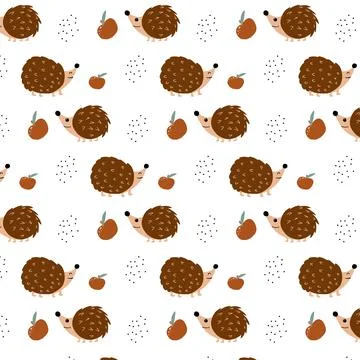 Vector seamless pattern with hedgehogs and apples. Stock Illustration