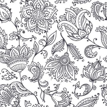 Vector seamless pattern with henna mehndi floral elements. 스톡 일러스트