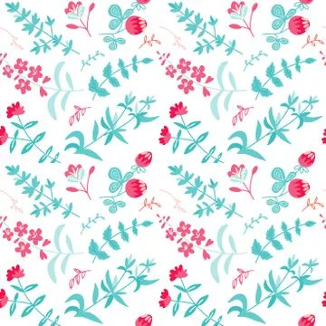 Vector seamless pattern with herbal tea plants, flowers, branches. Hand drawi Illustrazione stock