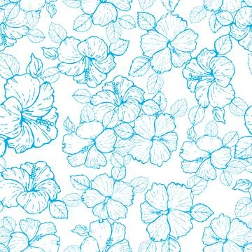 Vector Seamless pattern hibiscus blue outline on white background Stock Illustration