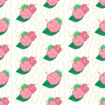 Vector seamless pattern with hibiscus flowers and palm leaves. Tropical flower Illustrazione stock