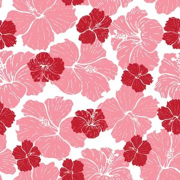 Vector seamless pattern hibiscus in red and pink colors Stock Illustration