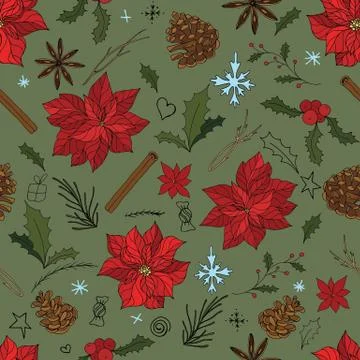 Vector seamless pattern, holiday christmas, ornament from poinsetia Stock Illustration
