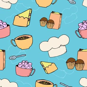 Vector seamless pattern, home baking, cooking on a blue background Stock Illustration