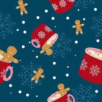Vector seamless pattern with Hot cocoa in flat design. Cookies, Cup, Snowfl.. Stock Illustration