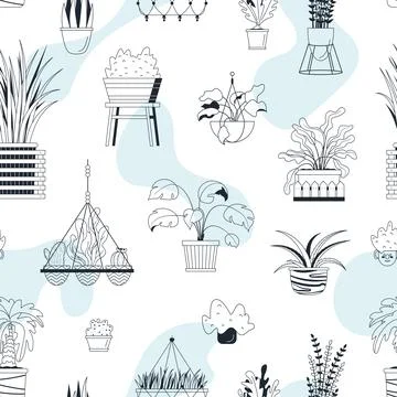 Vector seamless pattern with house potted plants and hearts. Monochrome fabri Stock Illustration