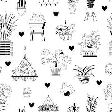 Vector seamless pattern with house potted plants and hearts. Monochrome fabri Stock Illustration
