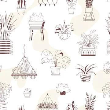 Vector seamless pattern with house potted plants and hearts. Monochrome fabri Stock Illustration
