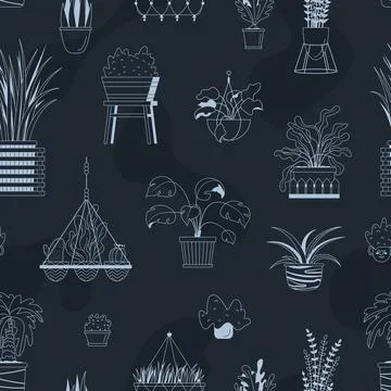 Vector seamless pattern with house potted plants and hearts. Dark blue botani Stock Illustration