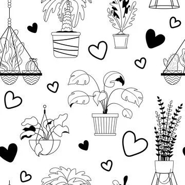 Vector seamless pattern with house potted plants and hearts. Monochrome fabri Stock Illustration