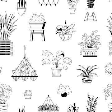 Vector seamless pattern with house potted plants and hearts. Monochrome fabri Stock Illustration
