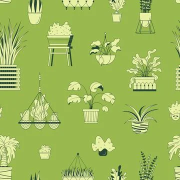 Vector seamless pattern with house potted plants and hearts. Green botanical  Stock Illustration